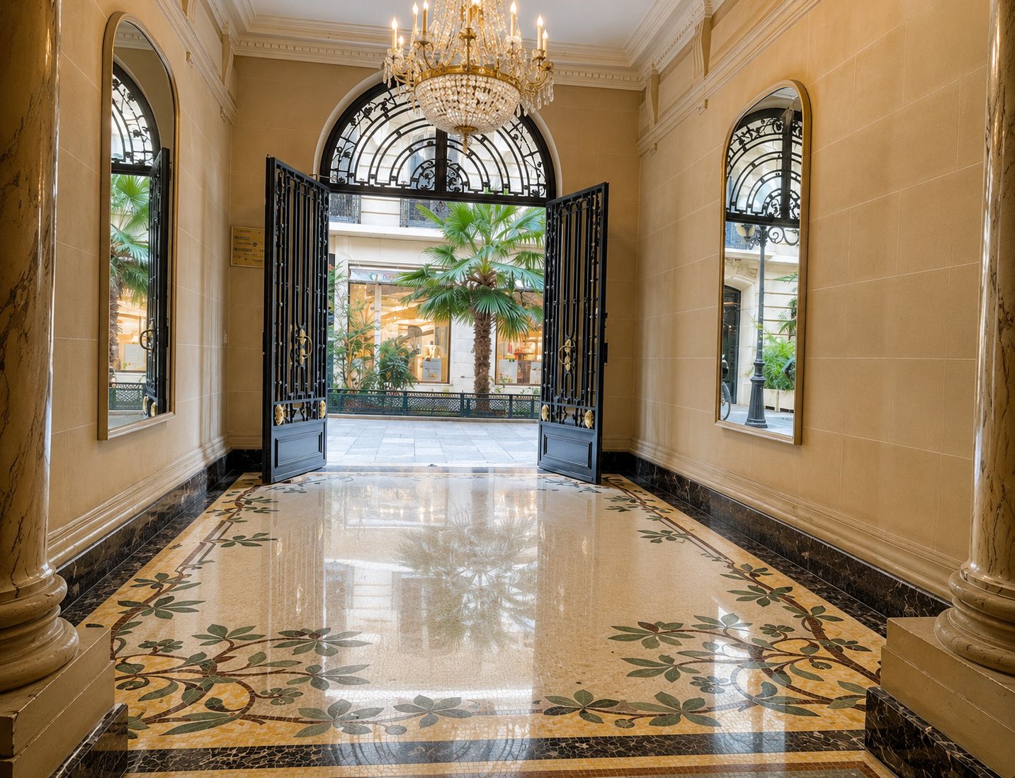 Hall traversant de copropriété après rénovation avec lustre